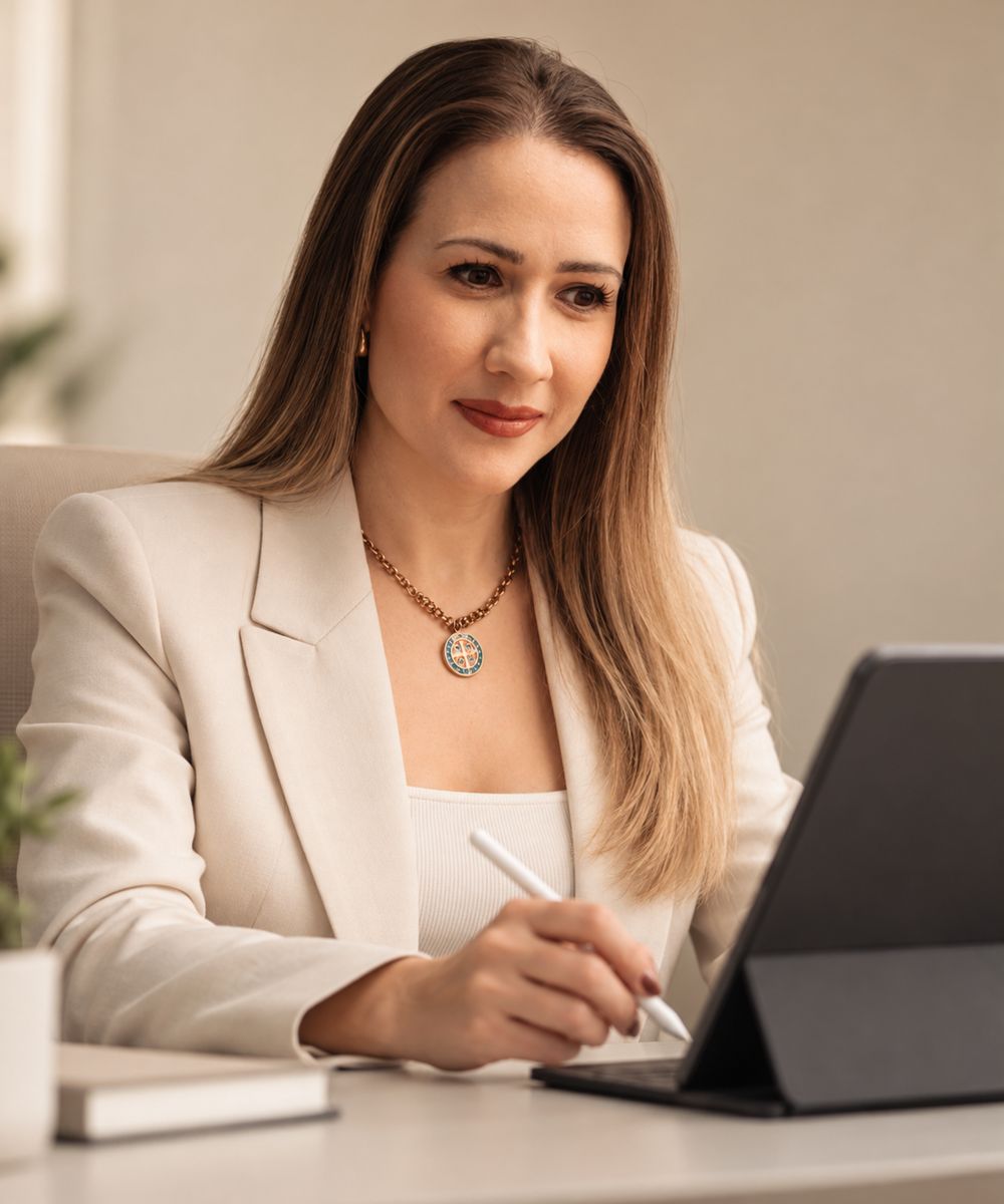 Nathalia Bisso, diretora do Instituto Venere, à mesa com um tablet
